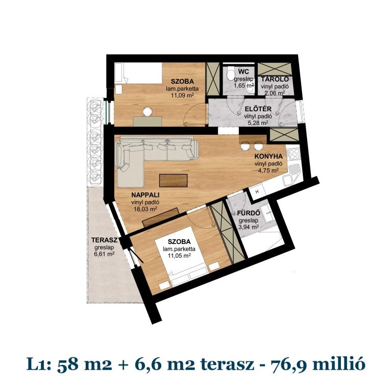 Új építésű, 58 m²-es, 3 szobás lakás, hozzá tartozó 6,6 m²-es terasszal és hőszivattyús fűtéssel Pécs belvárosának közelében.