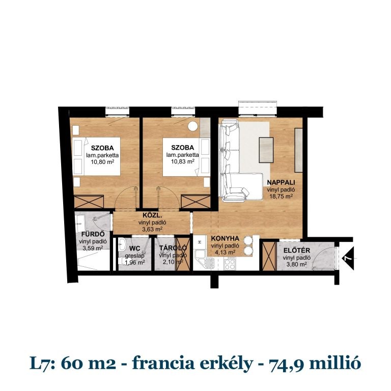 Új építésű, 60 m²-es, 3 szobás lakás, hozzá tartozó francia erkéllyel és hőszivattyús fűtéssel Pécs belvárosának közelében eladó!
