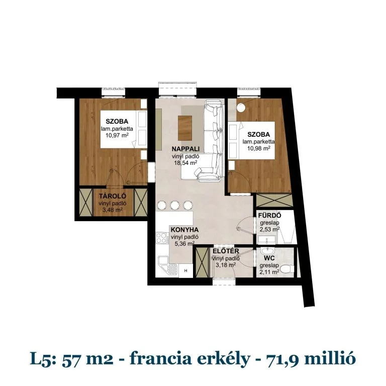 Új építésű, 57 m²-es, 3 szobás lakás, hozzá tartozó francia erkéllyel és hőszivattyús fűtéssel Pécs belvárosának közelében eladó!