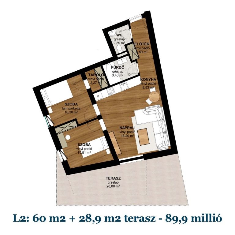 Új építésű, 60 m²-es, 3 szobás lakás, hozzá tartozó 28,9 m²-es terasszal és hőszivattyús fűtéssel Pécs belvárosának közelében eladó!