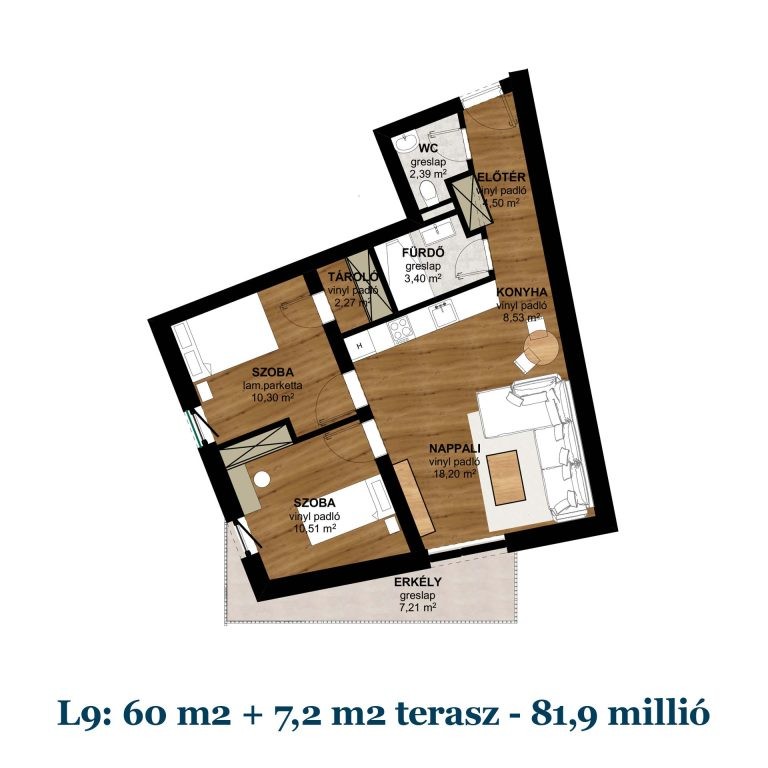 Új építésű, 60 m²-es, 3 szobás lakás, hozzá tartozó 7,2 m²-es terasszal és hőszivattyús fűtéssel Pécs belvárosának közelében eladó!