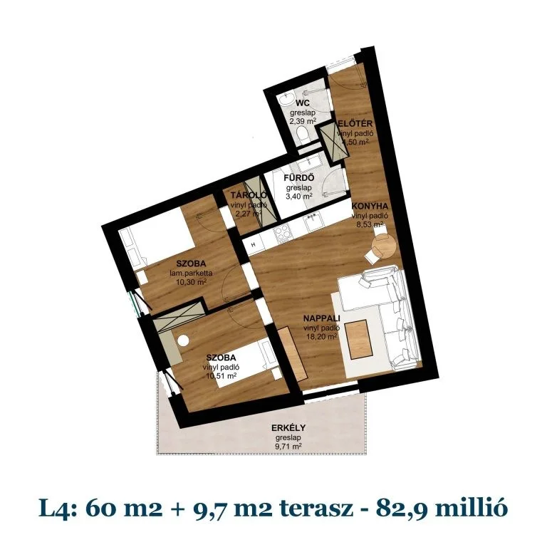 Új építésű, 60 m²-es, 3 szobás lakás, hozzá tartozó 9,7 m²-es terasszal és hőszivattyús fűtéssel Pécs belvárosának közelében eladó!