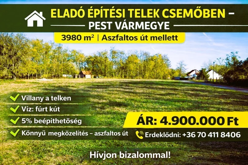 Eladó építési telek Csemőn