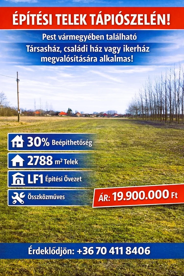 Eladó építési telek Tápiószelen