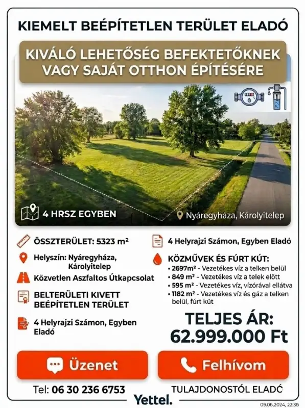 Eladó építési telek Nyáregyháza Károlyi telep