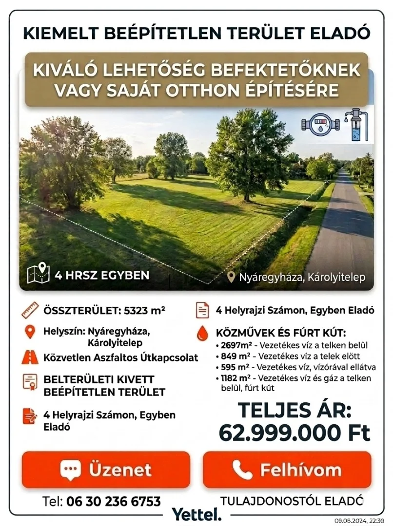Eladó építési telek Nyáregyháza Károlyi telep